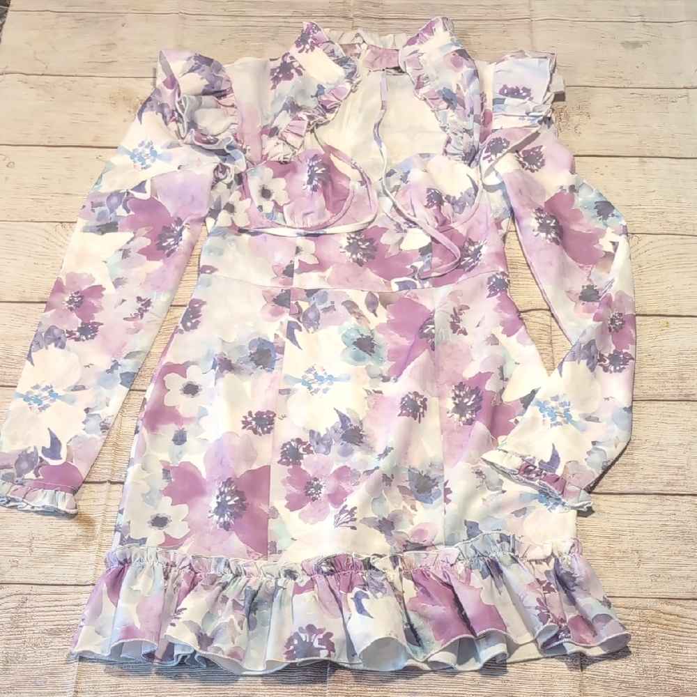 PrettyLittleThing Ruffle Babydoll Floral Corset Style Top Size 4 Mini Dress - Picture 1 of 16